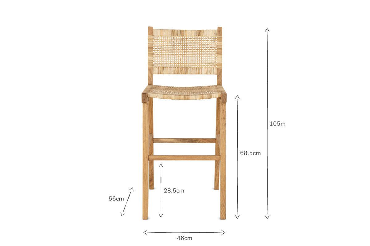 Front view of nkuku’s Madrisana Acacia & Rattan Bar Stool with straight legs. Dimensions shown: total height 105 cm, seat height 68.5 cm, leg height 56 cm, seat depth 28.5 cm, and seat width 46 cm; arrows indicate each measurement.