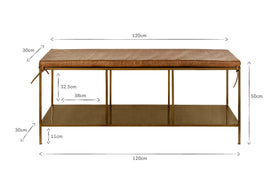 The nkuku Mahi Iron & Leather Bench features a tanned leather seat, brass-finished iron frame, and lower shelf—perfect for hallways. Size: 120cm L x 50cm H; seat depth 30cm, seat height 32.5cm, shelf depth 38cm, shelf height 11cm.