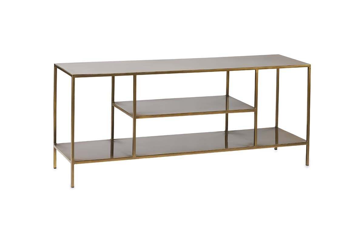 The nkuku Mahi Media Standing Shelf features a sleek, minimalist brass-finished metal frame and three open, dark-toned brass shelves—perfect for displaying entertainment equipment with modern style and open storage.