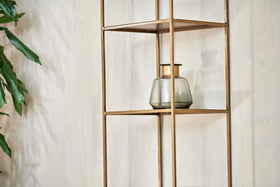 A glass jar with a dark lid rests on the nkuku Mahi Shelving Unit - Narrow, its sleek brass shelves contrasting against a light wall. A leafy green plant peeks in from the left, enhancing the minimalist and contemporary vibe.