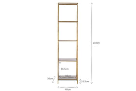 The nkuku Mahi Shelving Unit - Narrow is a tall brass shelf with four tiers, measuring 170cm high, 46cm wide, with shelves at 36.5cm height and 16.5cm depth—ideal for stylish, practical storage.