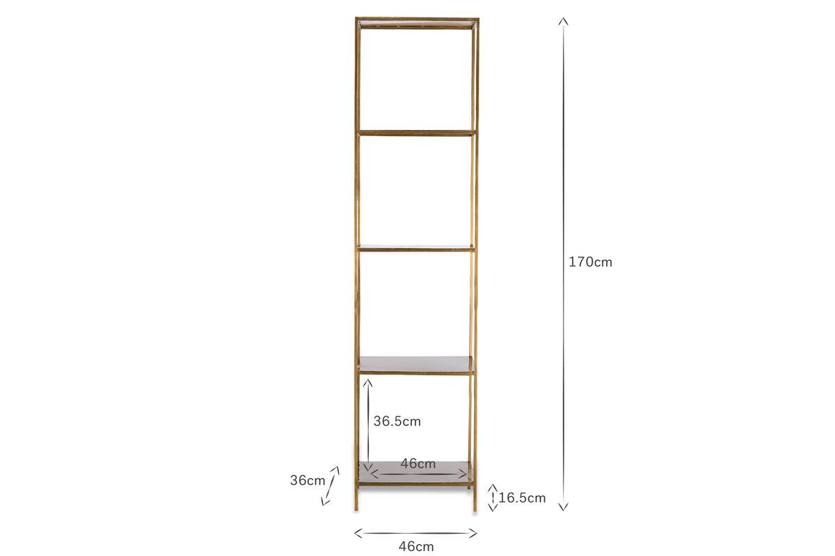 The nkuku Mahi Shelving Unit - Narrow is a tall brass shelf with four tiers, measuring 170cm high, 46cm wide, with shelves at 36.5cm height and 16.5cm depth—ideal for stylish, practical storage.