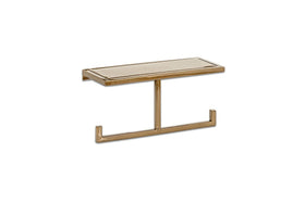 The nkuku Mahi Wall Mounted Toilet Roll Holder is a gold-colored brass piece that combines style and function with its minimal design, serving as a modern wall shelf with unique hooks and a single vertical support bar.