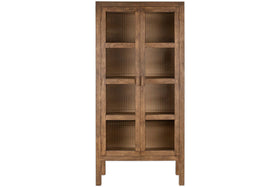 The Mendani Mango Wood & Fluted Glass Cabinet by nkuku features a tall, freestanding design in a walnut stain with two vertically grooved glass doors, simple rectangular lines, four short legs, and multiple shelves visible through the fluted panels.
