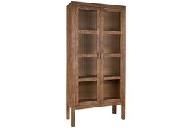 The nkuku Mendani Mango Wood & Fluted Glass Cabinet features four legs, two fluted glass doors, three interior shelves, and simple rectangular handles. Its walnut stain finish highlights the wood grain against a plain white background.