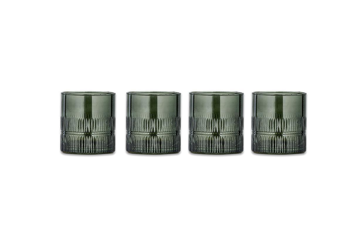 A set of four nkuku Mila Tumblers in Dark Emerald are arranged side by side on a white background. Each tumbler features etched detailing near the base, adding texture to their modern, minimalist design.