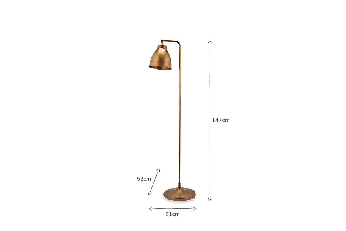 The Muturi Floor Lamp - Antique Brass by nkuku is a tall, stylish solid brass lamp with a round base, curved arm, dome shade, and down light. It stands 147cm high, with measurements clearly shown by arrows and labels.