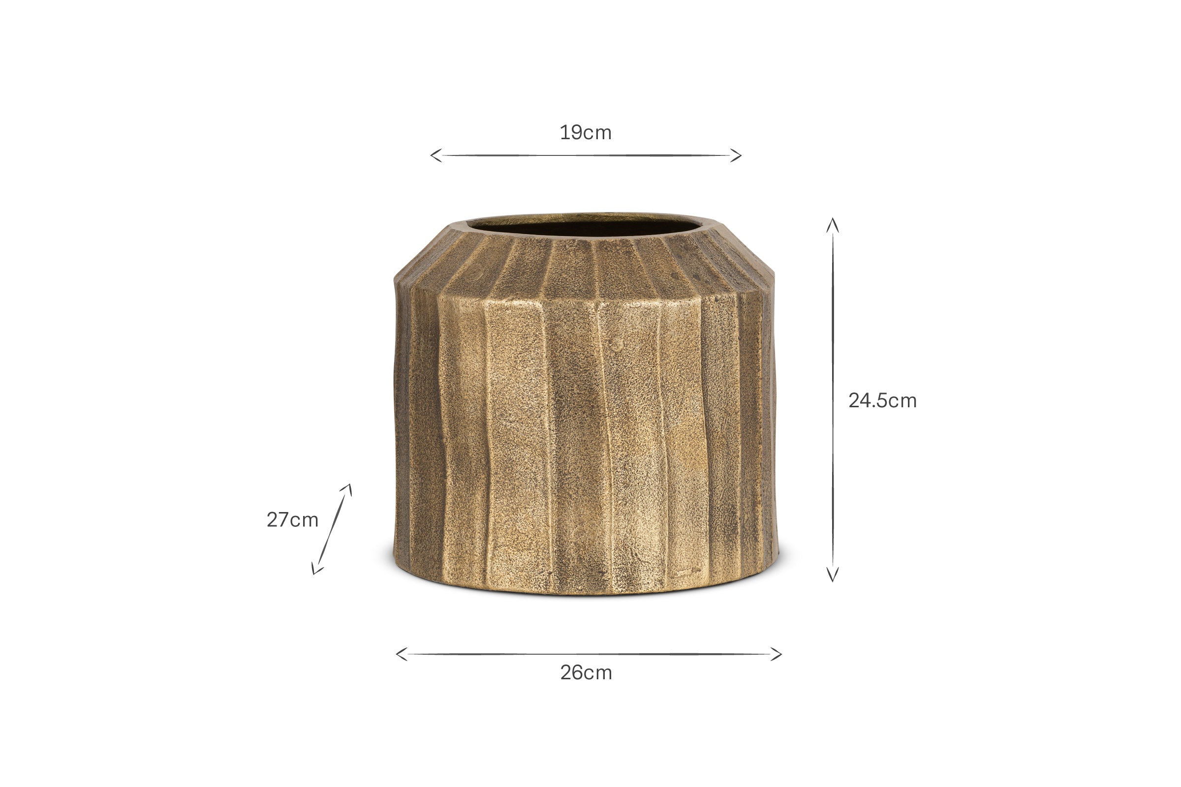 The Nabara Cast Aluminium Planter by nkuku features an antique brass finish, vertical ridged texture, and a cylindrical shape. It stands 27cm tall, 26cm wide at the base, 19cm at the opening, and is 24.5cm high to the rim.