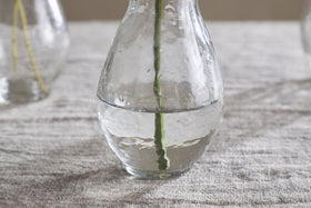 A single green stem stands in a clear Bapti Bud Vase from nkuku (Set of 3), resting on textured, light-colored fabric with soft light reflecting off the water and glass—ideal inspiration for elegant décor enthusiasts.