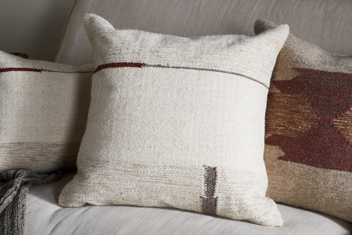 Three decorative cushions rest on a light beige sofa. The central cushion features the nkuku Tamil Wool Cushion Cover - Natural, with a minimal brown and dark red design, while charcoal and rust pillows add a cozy, rustic touch.