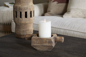 The nkuku Apu Reclaimed Wood Traditional Candle Holder in Natural is a beautifully crafted vintage Indian piece made from reclaimed wood.