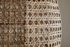 Close-up of the nkuku Shawa Rattan Lampshade – Natural, showcasing its handwoven diamond and crisscross pattern. The interlaced rattan strips create an airy, geometric texture as soft light shines through this beautiful woven piece.