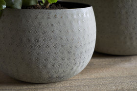 The nkuku Laoko Planter in Olive Grey features a textured, dotted surface and round shape, ideal for modern interiors. A green plant peeks from the top left, with another similar indoor planter softly blurred in the background.