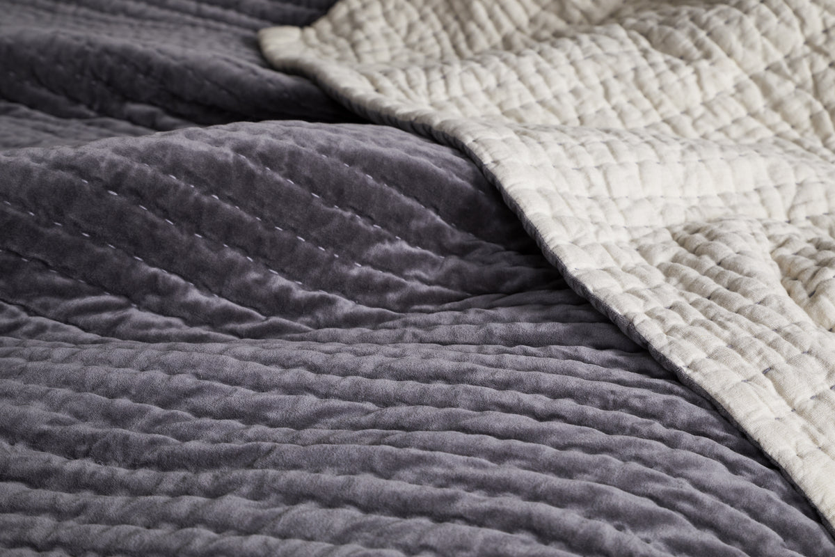 Nidra Velvet & Linen Bed Quilt - Charcoal - nkuku