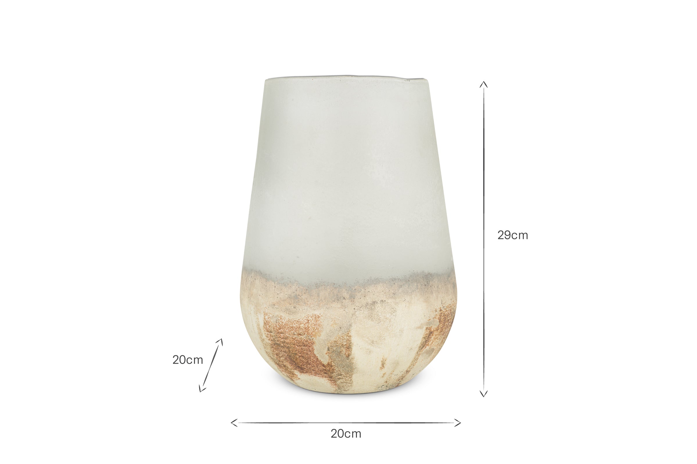 The Ngolo Recycled Glass Vase - Aged Smoke by nkuku features translucent, frosted glass with a rustic beige and brown textured base. It’s conical (29cm tall, 20cm wide at the base, 20cm base height) with a narrow top and wide bottom.