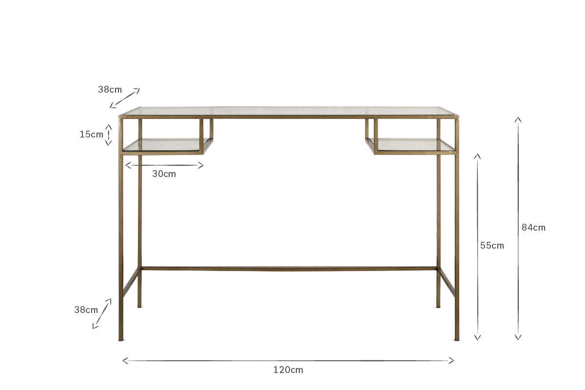 The Nakuru Iron & Glass Console Table by nkuku is shown, featuring a glass top, gold metal frame, and two 30cm wide open side shelves. Measuring 120cm wide, arrows highlight the chic design of this hallway console in the image.