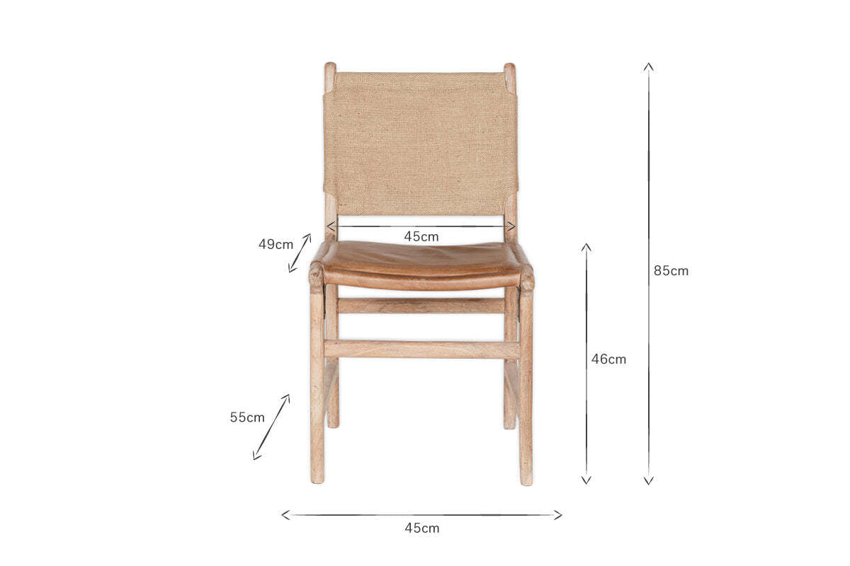 The Nayan Leather & Jute Dining Chair by nkuku features a mango wood frame, woven backrest, curved seat, and tan leather. Dimensions: chair height 85cm, seat height 46cm, width 45cm, depth 49cm, leg height 55cm. Plain white background.