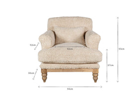 The nkuku Otas Teddy Cotton Armchair in Off White features a pillow, wooden legs, and a mango wood base. Dimensions labeled with arrows: 93cm tall, 94cm wide, 84cm deep; seat height 52cm, arm height 67cm, seat width 52cm.
