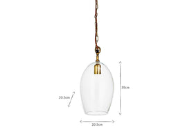 The Otoro Recycled Glass Pendant - Clear - Small Oval by nkuku features a clear glass shade, brass fittings, and a brown chain (30 cm high x 20.5 cm wide), shown suspended and isolated on a white background.