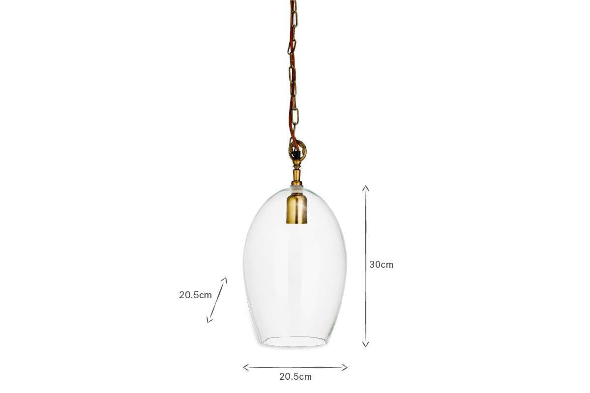 The Otoro Recycled Glass Pendant - Clear - Small Oval by nkuku features a clear glass shade, brass fittings, and a brown chain (30 cm high x 20.5 cm wide), shown suspended and isolated on a white background.
