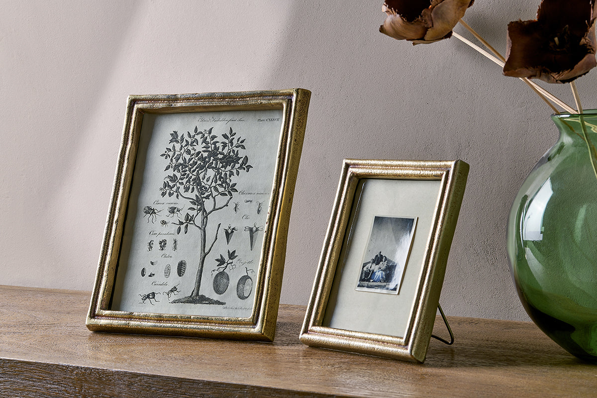 Displayed on a wooden surface are two nkuku Pambani Photo Frames in antique brass: one with a vintage botanical print, the other showcasing a black and white mountain photo. A green vase with dried brown flowers sits to the right.