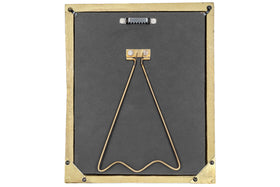 The Pambani Photo Frame - Antique Brass by nkuku features a gold-colored metal border, black backing with gold corner accents, a triangular wire stand, and a black toothed hook for wall hanging.
