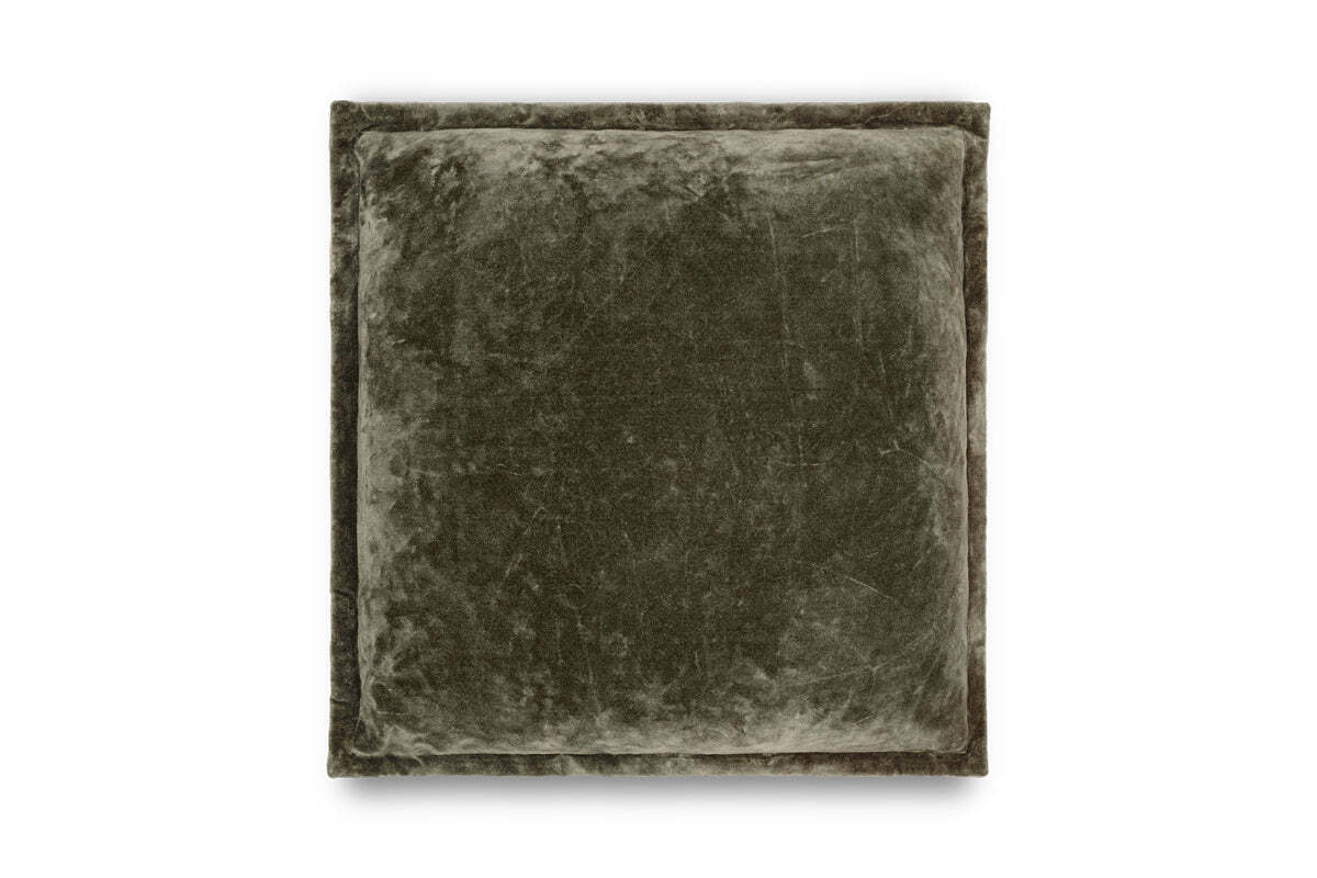 The nkuku Pilani Velvet & Linen Cushion Cover in Moss features soft, greenish-gray velvet with subtle texture and a wide flat border. This elegant cushion cover has a slight sheen and is shown against a plain white background.