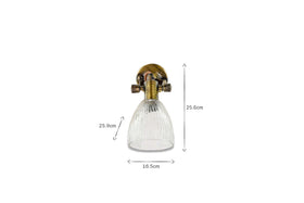 The nkuku Rarni Recycled Glass Single Wall Light is shown against a white background, with black arrows and numbers indicating its dimensions: 25.6 cm tall and 16.5 cm wide at the shade’s base, showcasing its elegant recycled glass and brass details.