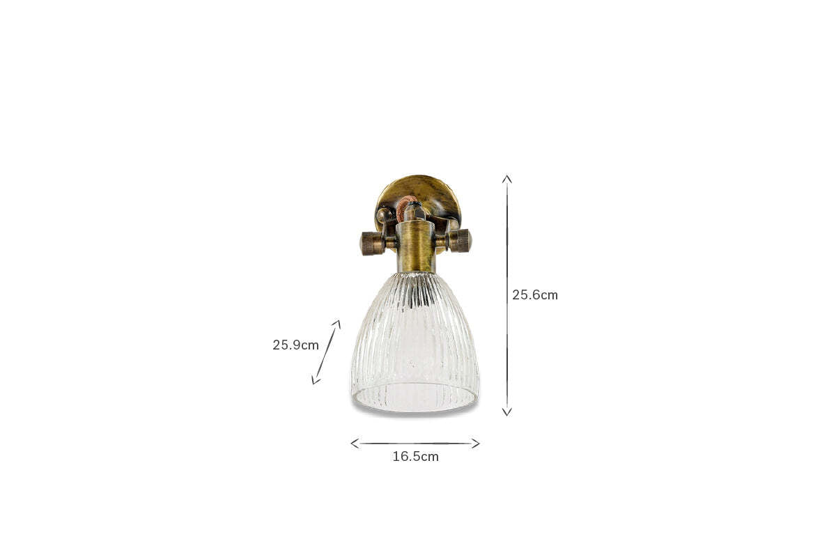 The nkuku Rarni Recycled Glass Single Wall Light is shown against a white background, with black arrows and numbers indicating its dimensions: 25.6 cm tall and 16.5 cm wide at the shade’s base, showcasing its elegant recycled glass and brass details.