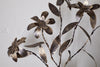 Close-up of the nkuku Svara Stem Flower, a metallic sculpture with stylized floral and leaf motifs, featuring an antique brass stem, set against a plain white background.