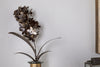 The nkuku Svara Stem Hyacinth in antique brass features a floral design with long leaves and is displayed in a small metallic vase against a light gray wall.