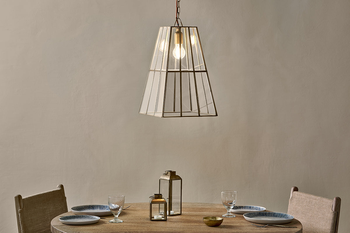 Solan Glass Lantern Pendant - Clear & Antique Brass-nkuku
