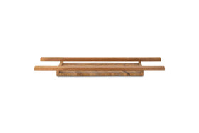 The Sukha Mango Bath Bridge - Natural by nkuku features a rectangular mango wood design with three raised slats on a light stone base, offering minimalist style and spa-like vibes for your bathroom.