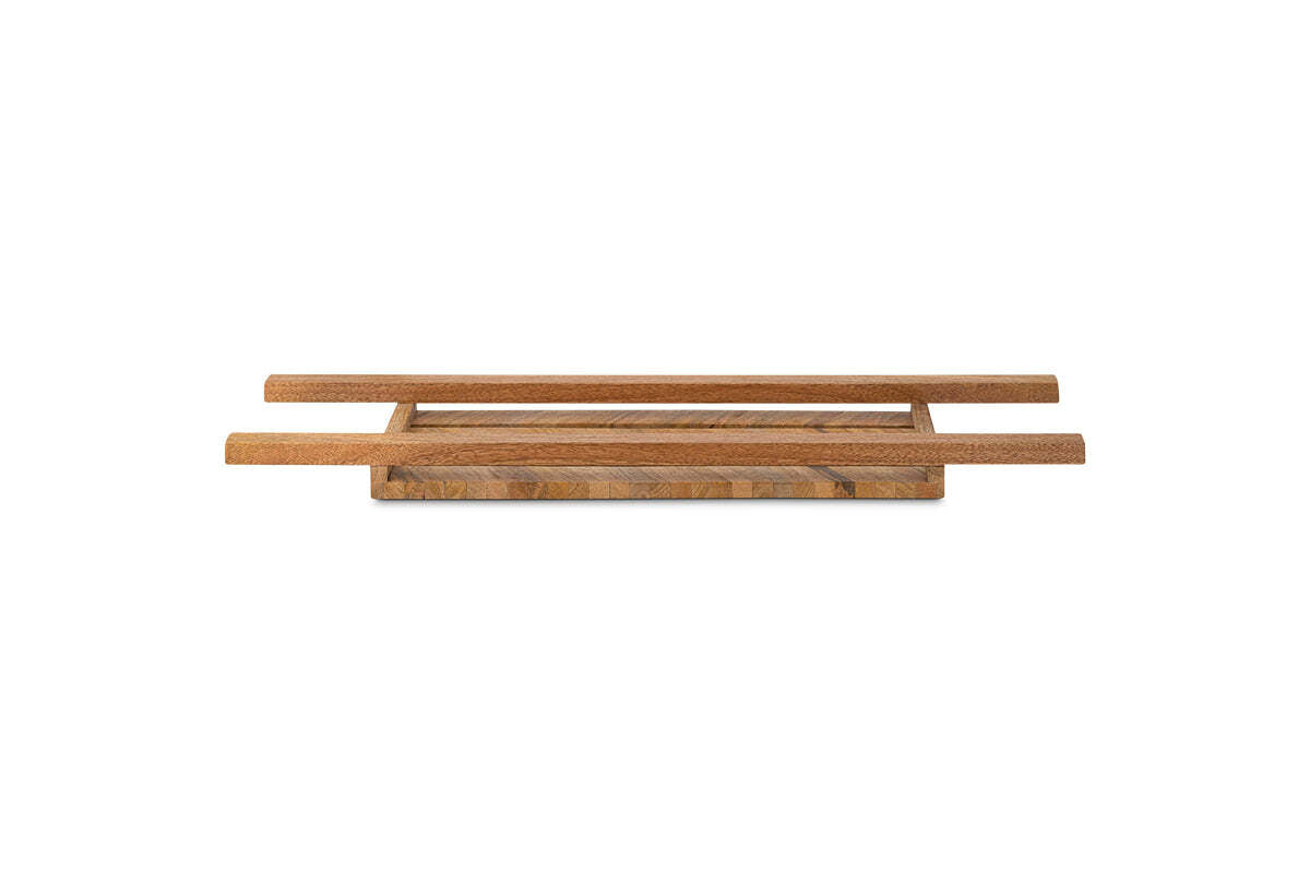 The Sukha Mango Bath Bridge - Natural by nkuku features a rectangular mango wood design with three raised slats on a light stone base, offering minimalist style and spa-like vibes for your bathroom.