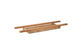 The Sukha Mango Bath Bridge - Natural by nkuku features a rectangular mango wood tray with raised sides and parallel handles. Its natural finish and minimalist design create a spa-like ambiance in your bathroom.