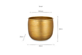 The nkuku Tembesi Etched Planter - Antique Brass is a small, round planter with a textured gold brass finish. Handcrafted, it measures 19.5 cm top diameter, 19 cm height, and 23 cm width; dimensions are shown with labeled arrows on a white background.