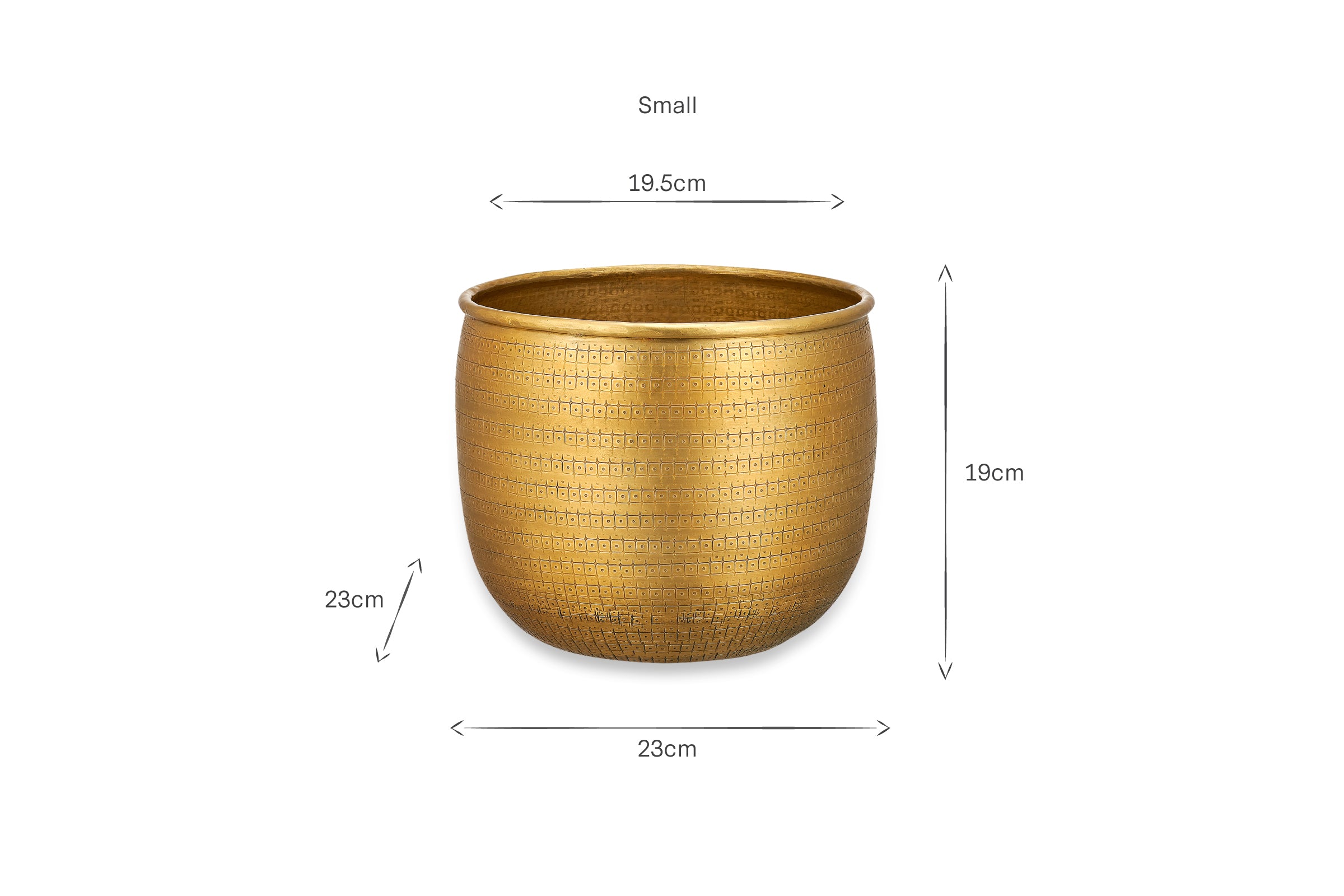 The nkuku Tembesi Etched Planter - Antique Brass is a small, round planter with a textured gold brass finish. Handcrafted, it measures 19.5 cm top diameter, 19 cm height, and 23 cm width; dimensions are shown with labeled arrows on a white background.