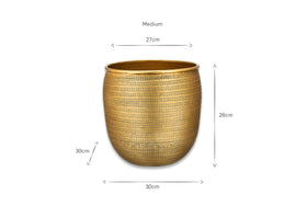 The nkuku Tembesi Etched Planter - Antique Brass is a medium, round, handcrafted metallic planter with a textured finish, measuring 30 cm wide/deep at the base, 26 cm high, and a 27 cm opening. Black arrows and text highlight its dimensions.