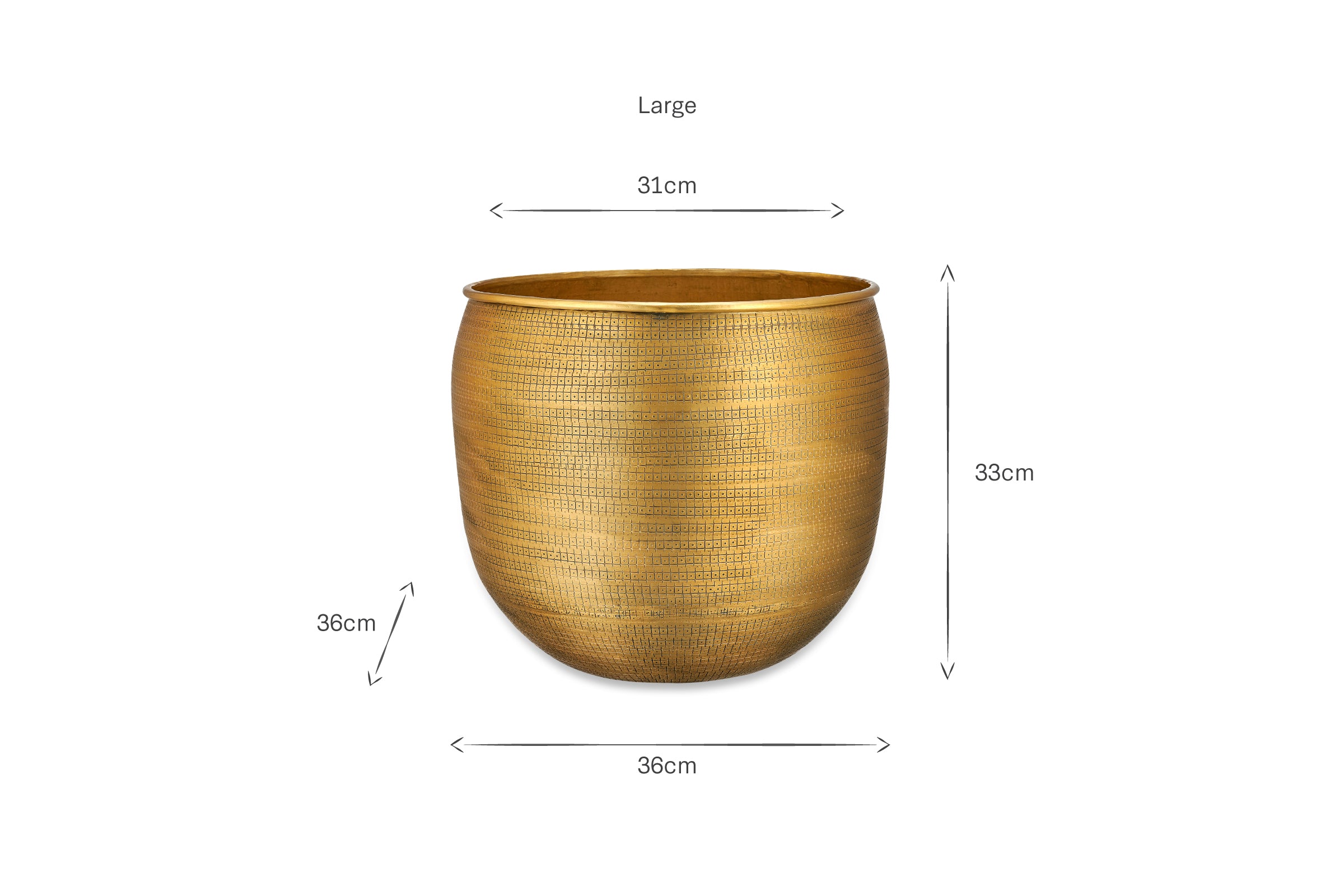 The nkuku Tembesi Etched Planter in antique brass is shown on a white background, with dimensions marked: 36cm wide at the base, 31cm at the top, 33cm tall, and 36cm deep. Text above reads “Large.”.