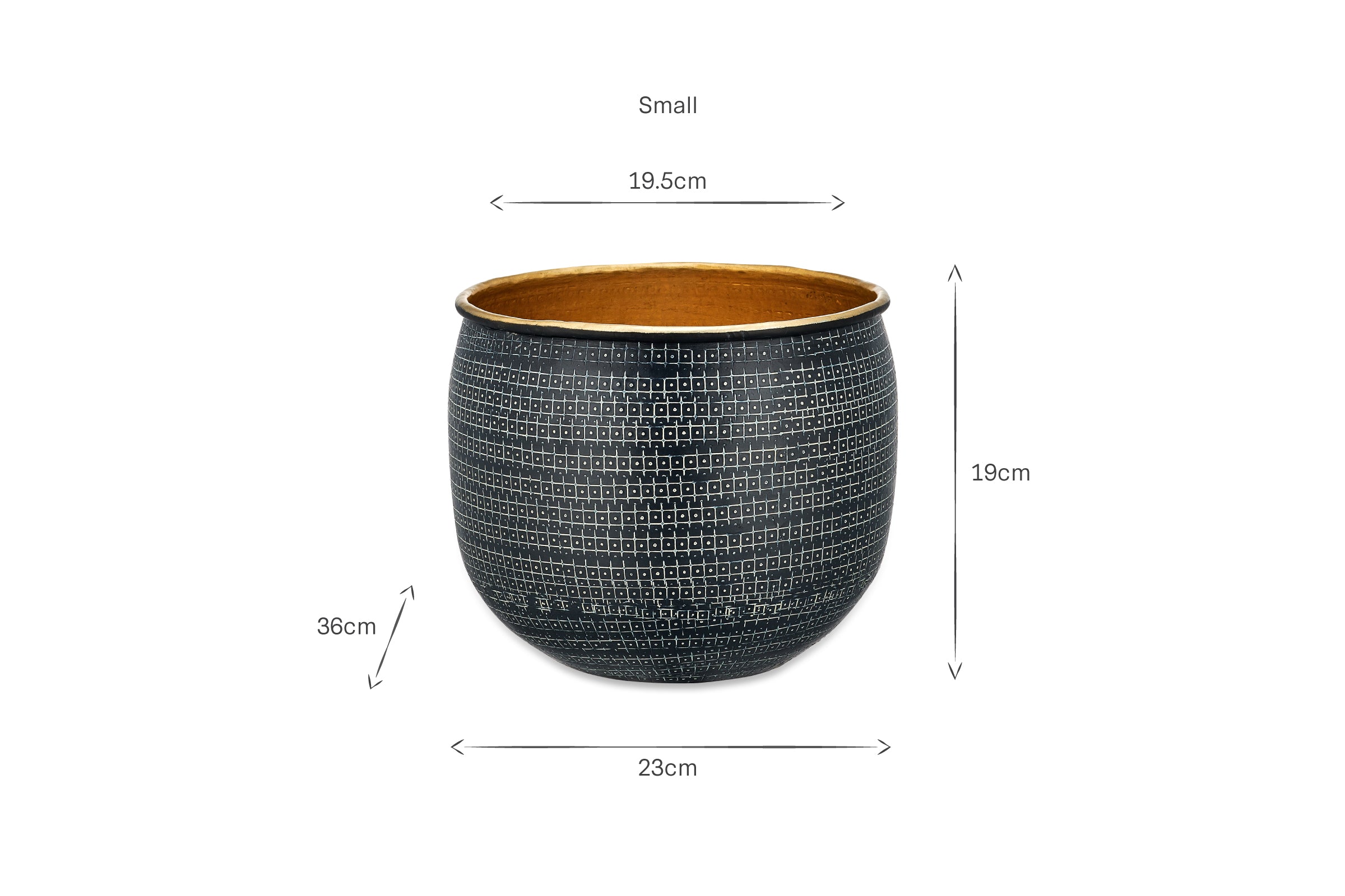 The nkuku Tembesi Etched Planter - Antique Black & Brass is a round pot with a grid-like white dotted pattern, wide opening, tan interior, and dimensions of 19.5 cm diameter (top), 19 cm height, 23 cm width. “Small” appears above the pot.