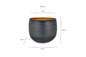 A medium-sized round nkuku Tembesi Etched Planter in antique black & brass, featuring a dark textured exterior, light brown interior, 27cm top diameter, 30cm width, and 26cm height. Shown on white background with measurement arrows and text.