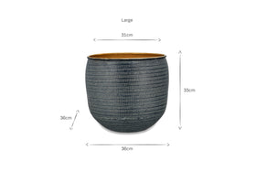 The nkuku Tembesi Etched Planter in Antique Black & Brass is a large, round, textured planter with an etched pattern, yellow-brown interior, and labeled dimensions: 36cm base, 33cm tall, 31cm top—each measurement highlighted with arrows.