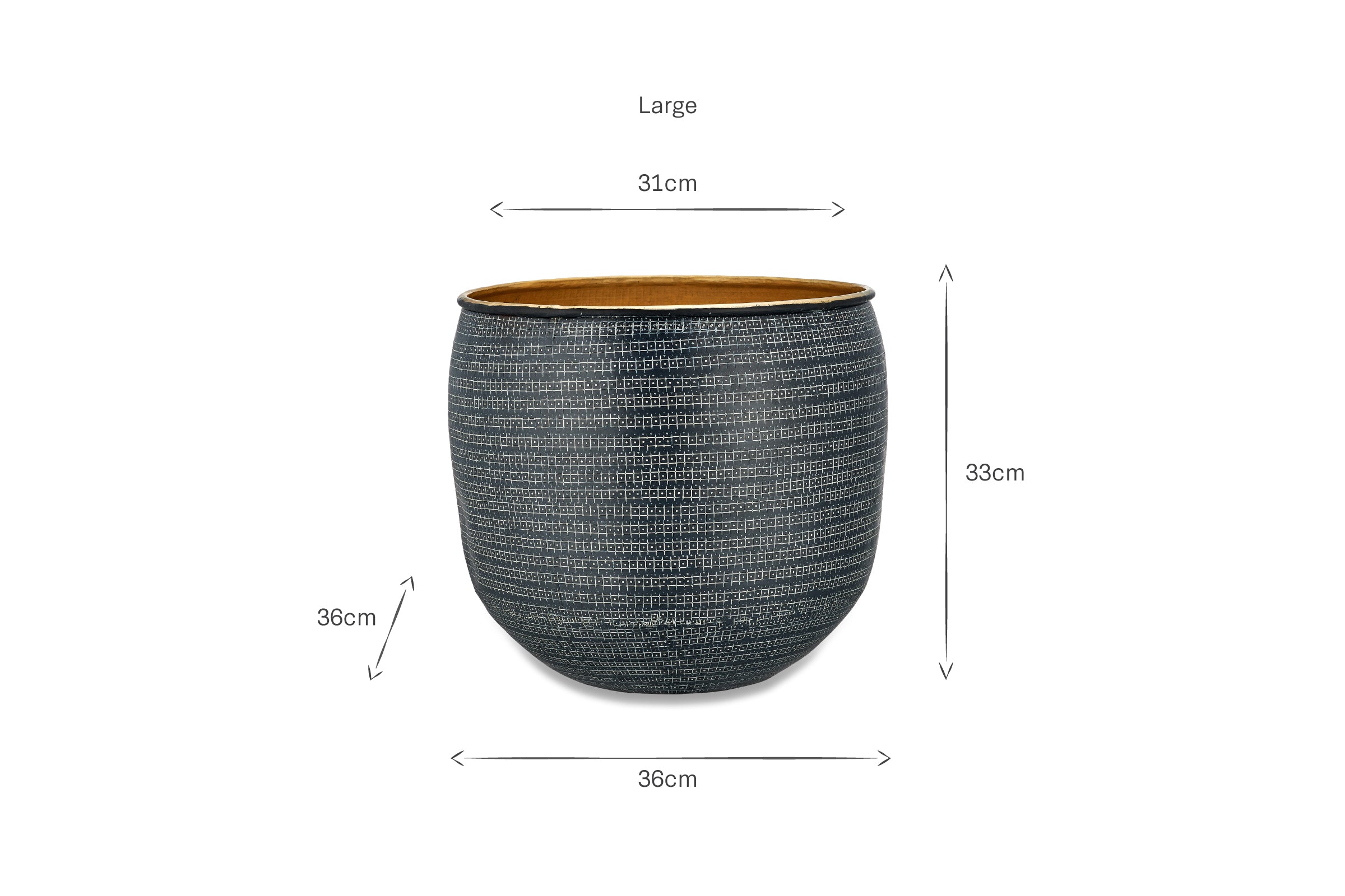 The nkuku Tembesi Etched Planter in Antique Black & Brass is a large, round, textured planter with an etched pattern, yellow-brown interior, and labeled dimensions: 36cm base, 33cm tall, 31cm top—each measurement highlighted with arrows.