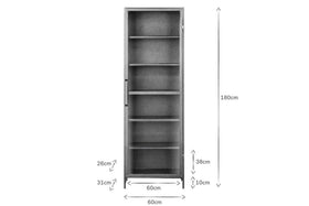 The Takua Iron Cabinet - Narrow by nkuku is a tall, slimline unit shown front-facing, measuring 180cm high and 60cm wide. Shelf heights are labeled as 26cm, 31cm, 60cm, 38cm, and 10cm from top to bottom—all in centimeters.