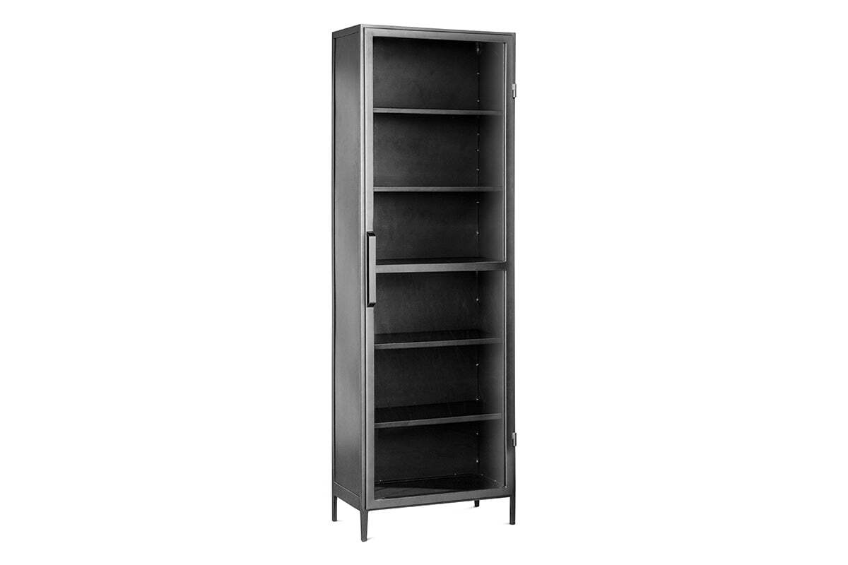 The Takua Iron Cabinet - Narrow by nkuku is a tall, black, glass-fronted cabinet with a modern minimalist design. Made of sturdy iron, it has five spacious shelves, four short legs, and a sleek left-side vertical handle.