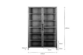 The Takua Iron Cabinet - Wide by nkuku is a tall black iron display cabinet with two glass doors and six shelves. Dimensions: 180cm H, 120cm W, 30cm D, door width 52cm, leg height 10cm, and door-to-side distance 26cm.