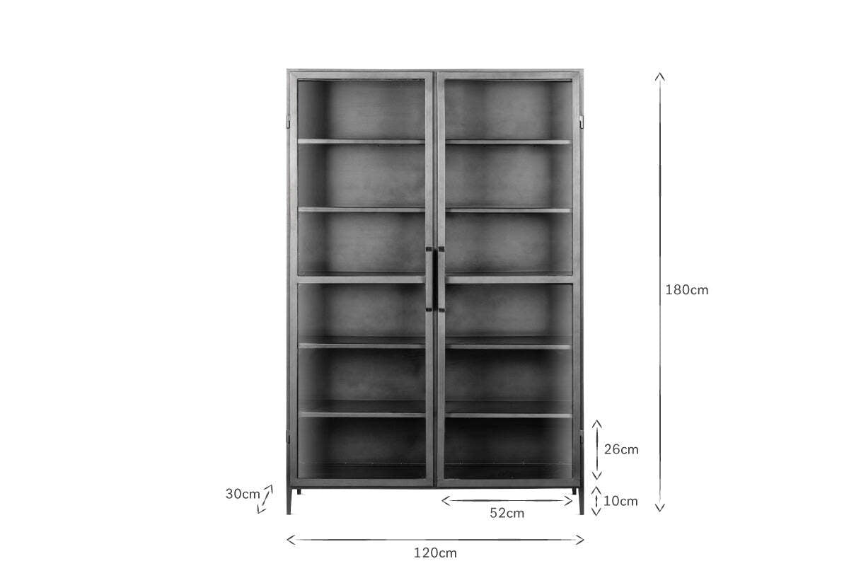The Takua Iron Cabinet - Wide by nkuku is a tall black iron display cabinet with two glass doors and six shelves. Dimensions: 180cm H, 120cm W, 30cm D, door width 52cm, leg height 10cm, and door-to-side distance 26cm.