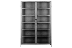 The Takua Iron Cabinet - Wide by nkuku features a tall, black iron frame with two glass doors and vertical handles. Inside, five shelves provide versatile storage. Its minimalist, industrial design is highlighted by short legs, and the cabinet’s interior is empty.