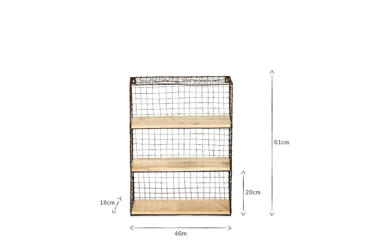 The nkuku Tamba Wall Hung Shelf features three tiers of mango wood shelves on a black wire frame. It measures 61cm (H), 46cm (W), and 20cm (D), with each shelf spaced 18cm apart. Dimensions are shown by arrows on a white background.