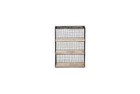 The nkuku Tamba Wall Hung Shelf features a black metal grid frame and three evenly spaced, light mango wood shelves. Photographed centered against a white background.